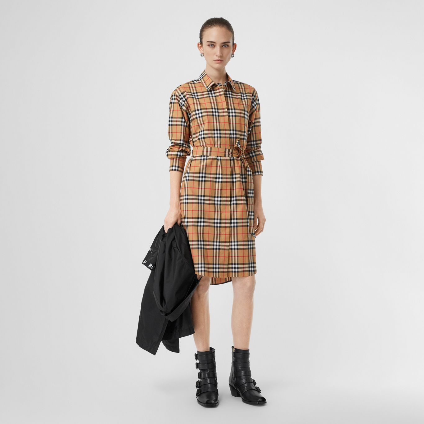 Vintage Check Cotton Tie-waist Shirt Dress